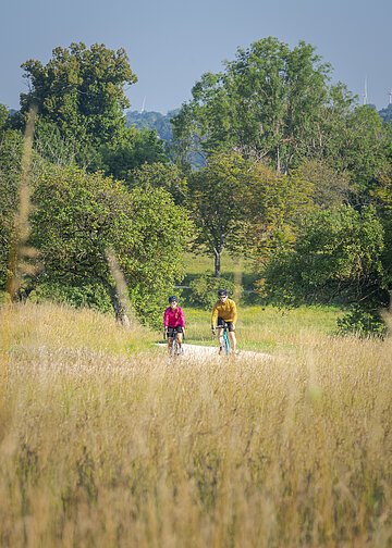 Eine Frau in rot und ein Mann in Ocker, beide mit Gravelbikes auf einem Radweg inmitten Wiesen und Felder unterwegs. Hinter ihnen ein Wald und strahlend blauer Himmel.