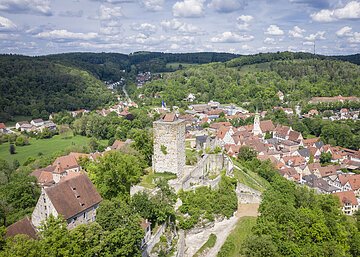 Luftaufnahme einer Burg mit Turm und umliegendem Dorf in einer grünen Hügellandschaft unter bewölktem Himmel.